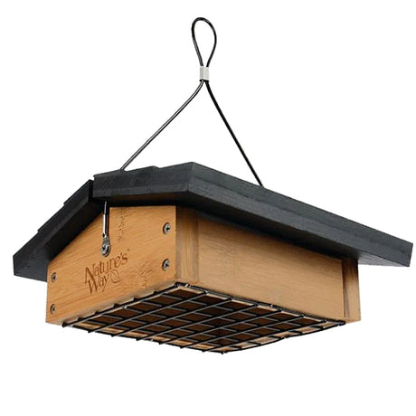 Bamboo Upside Down Suet Feeder with black roof, designed for clinging birds like woodpeckers and chickadees, featuring a mesh bottom and steel hanging cable.