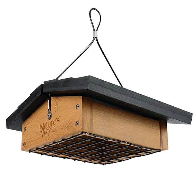 Bamboo Upside Down Suet Feeder with black roof, designed for clinging birds like woodpeckers and chickadees, featuring a mesh bottom and steel hanging cable.