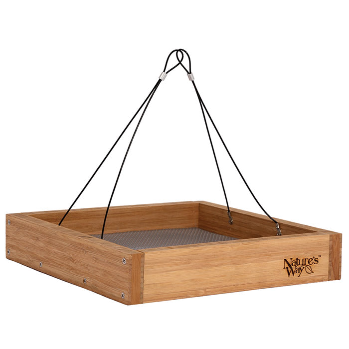 Bamboo Tray Bird Feeder with wire attachment, made from strong bamboo, features a spacious landing tray and removable seed tray for easy cleaning.