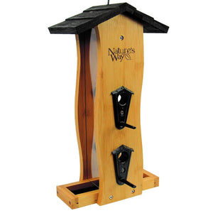 Bamboo Vertical Wave Bird Feeder with a black roof, wooden body, and metal feeding ports, featuring a removable seed tray and clear windows.