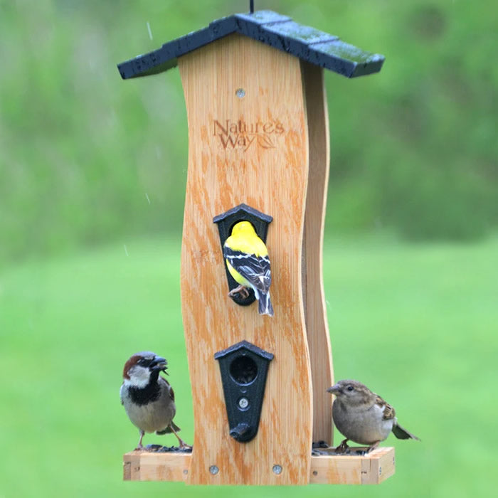 Bamboo Vertical Wave Bird Feeder with two birds perched, featuring a large seed tray, four metal ports, and a removable Fresh Seed™ tray for easy cleaning and refilling.