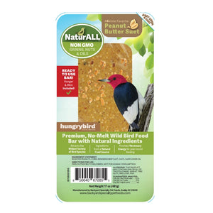 NaturALL RTU Peanut Butter Bar front label displays key features: all-time favorite flavor, ready-to-use, premium no-melt suet with natural ingredients, 17 oz, not for human consumption.