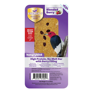 Energy+ RTU Bar with Blended Berry Filling, a high-protein, no-melt bird suet bar, includes hanger and wire for outdoor wild bird feeding, 17 oz package.