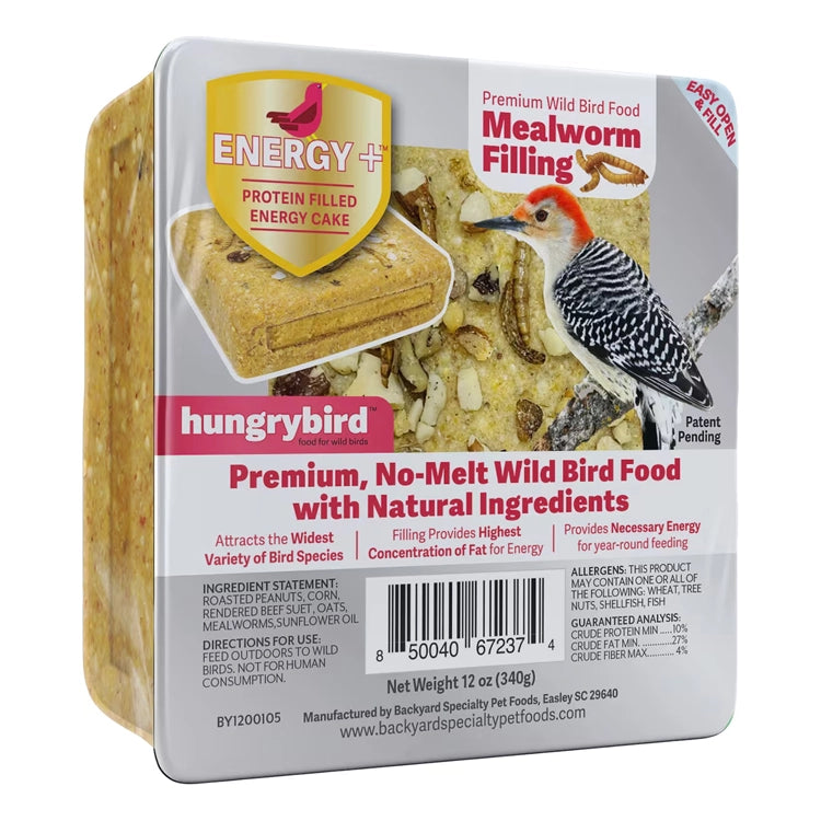 Energy+ Suet Cakes with Mealworm Filling, Set of 12: Premium no-melt wild bird food with protein-rich mealworm filling, suitable for year-round feeding, 12 oz each.
