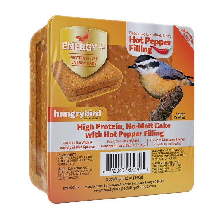 Energy+ Suet Cakes with Hot Pepper Filling, Set of 12, feature a 12 oz block of high-protein, no-melt cake for wild birds, deterring squirrels with hot pepper.