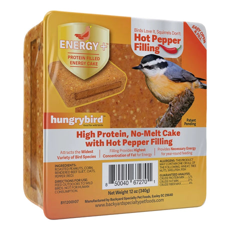 Energy+ Suet Cakes with Hot Pepper Filling, Set of 12, feature a 12 oz block of high-protein, no-melt cake for wild birds, deterring squirrels with hot pepper.