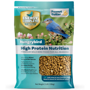 Energy Complete Peanut Butter Suet Bites in a resealable bag featuring a blue bird, ideal for enriching bird diets with high-energy suet morsels.