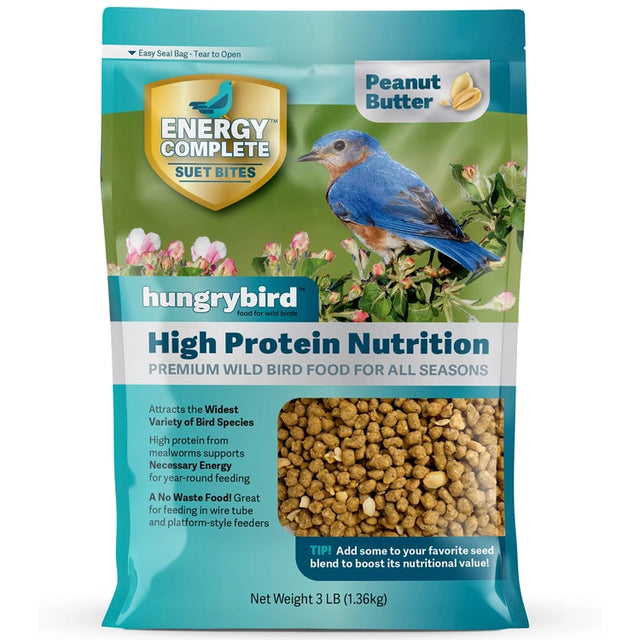 Energy Complete Peanut Butter Suet Bites in a resealable bag featuring a blue bird, ideal for enriching bird diets with high-energy suet morsels.