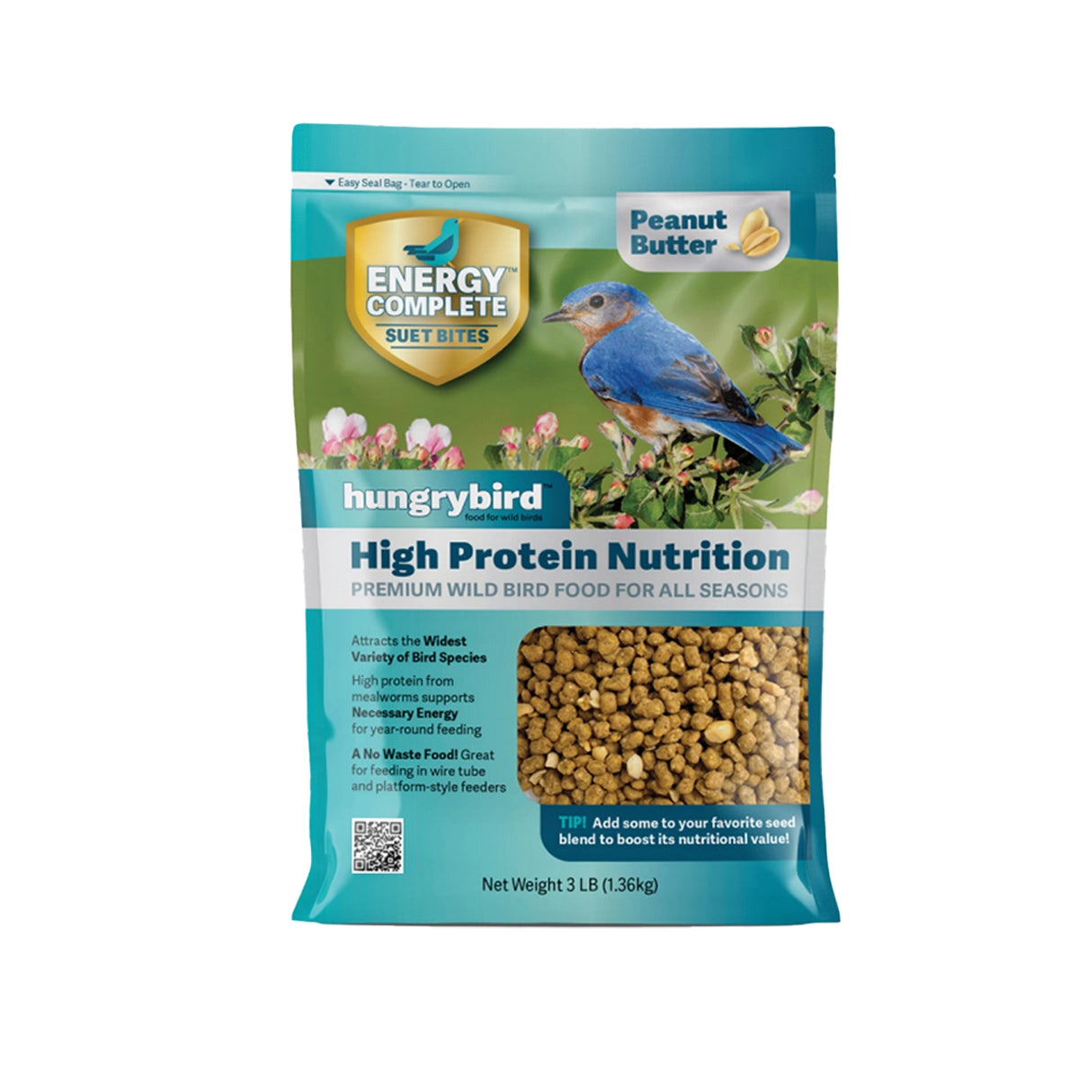 Energy Complete Peanut Butter Suet Bites bag featuring a blue bird illustration, ideal for wire tube and platform feeders, offering high-protein, no-waste nutrition for birds.