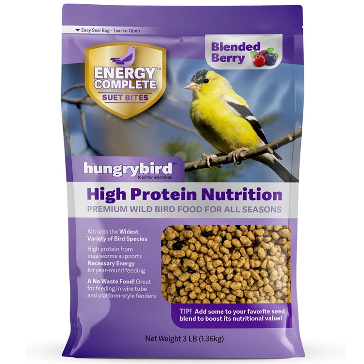 Energy Complete Blended Berry Suet Bites bag featuring a yellow bird image, ideal for bird feeders, offers high-energy, no-melt, no-waste suet morsels.