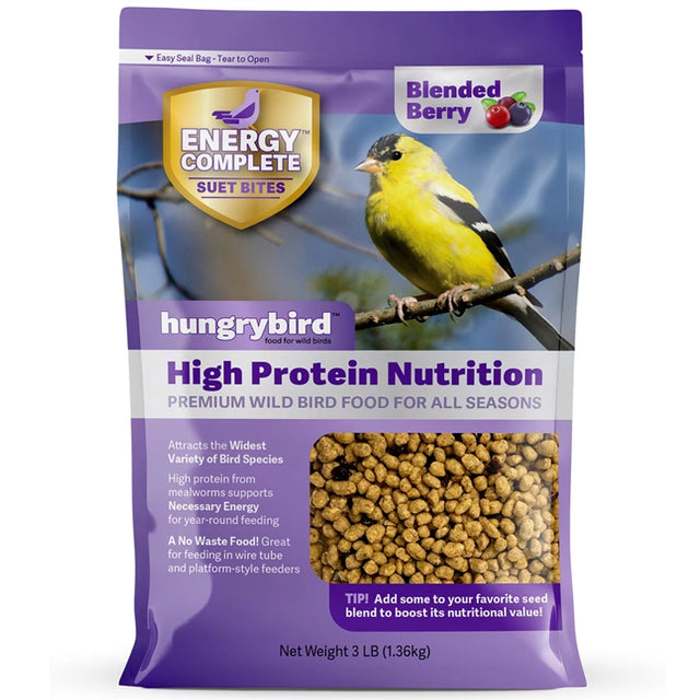 Energy Complete Blended Berry Suet Bites bag featuring a yellow bird image, ideal for bird feeders, offers high-energy, no-melt, no-waste suet morsels.