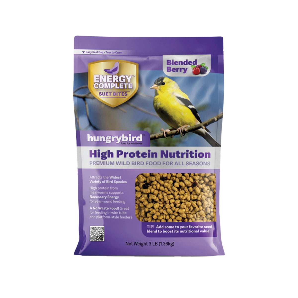 Energy Complete Blended Berry Suet Bites in a labeled bag, ideal for bird feeders, offering high-energy, no-melt nutrition for various bird species.