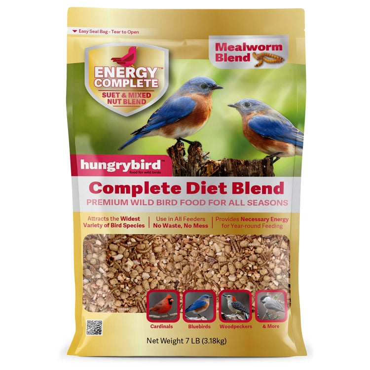Sealed bag of Complete Diet Mealworm Suet & Mixed Nut Blend, 7 lb, premium bird food attracting cardinals, bluebirds, and woodpeckers with no-waste formula.
