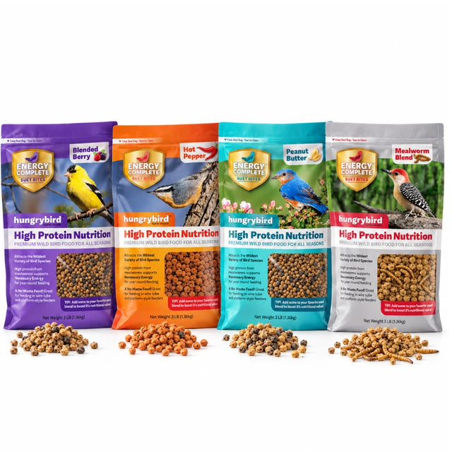 Four 3 lb bags of Hungrybird suet bites in Blended Berry, Hot Pepper, Peanut Butter and Mealworm varieties.