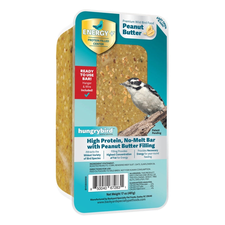 Energy+ RTU Bar with Peanut Butter Filling, 17 oz, ready-to-hang, high-protein wild bird food with hanger, featuring woodpecker graphic, set of 4 or 8.