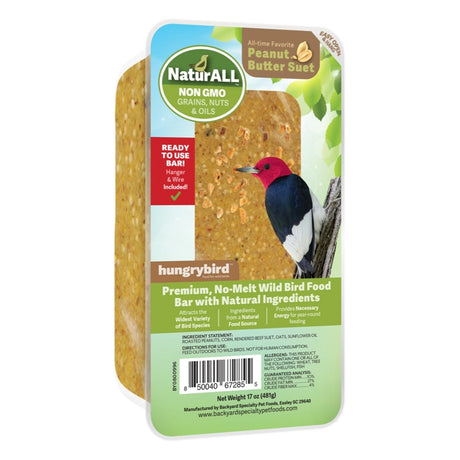 NaturALL RTU Peanut Butter Bar, Set of 4 or 8, packaged suet block with hanger, contains roasted peanuts, corn, beef suet, oats, and sunflower oil, ideal for backyard birds.