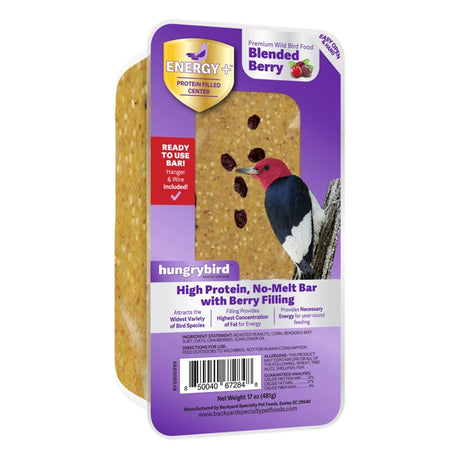 Energy+ RTU Bar with Blended Berry Filling, Set of 4 or 8, in packaging with hanger, featuring high-protein, no-melt suet ingredients for wild bird feeding.