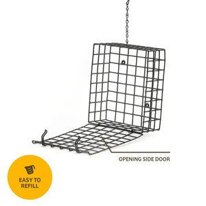 Black wire bird feeder with an opening side door on a white background