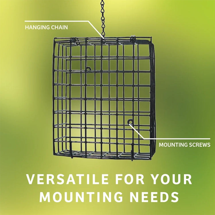 A black metal hanging wire cage or basket shown against a green gradient background, with white text labels pointing to the hanging chain and mounting screws, plus the text 'VERSATILE FOR YOUR MOUNTING NEEDS' at the bottom.