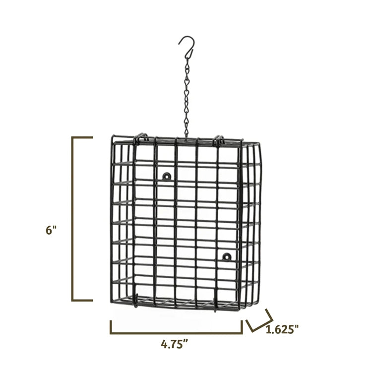 Black metal hanging bird feeder with dimension markings showing 6 inches height, 4.75 inches width, and 1.