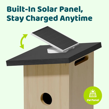Birdfy Ebony Nest Birdhouse with Camera featuring a black-roof and adjustable solar panel, highlighted by “Built-In Solar Panel” text and a “2W Panel” badge.