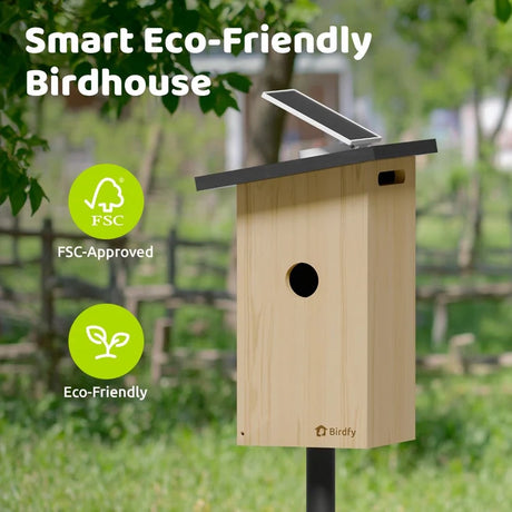 Birdfy Ebony Nest Birdhouse with Camera features a wooden box with solar panel, FSC and Eco-Friendly icons, offering HD footage and sustainability.