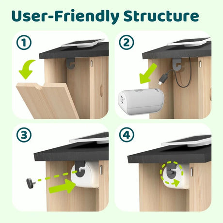 Installation guide for Birdfy Ebony Nest Birdhouse with Camera, showing a four-step process to securely mount the device under a cabinet or shelf.