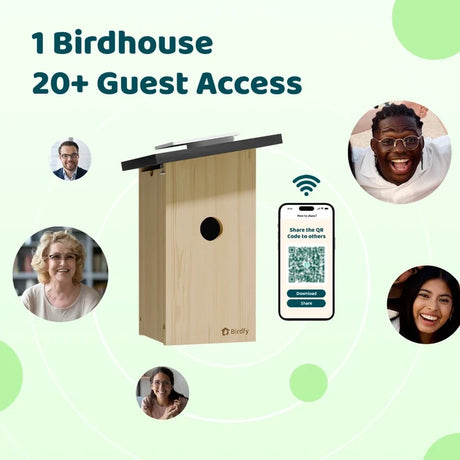 Birdfy Ebony Nest Birdhouse with Camera, showcasing guest access via QR code, surrounded by user images, emphasizing connectivity and eco-friendly design.