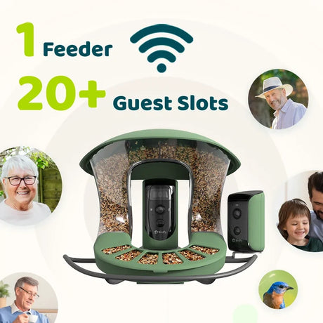 Birdfy Feeder 2 Duo - Bird Feeder with Camera featuring a green feeder with integrated camera, Wi-Fi connectivity, and shared access for over 20 users.