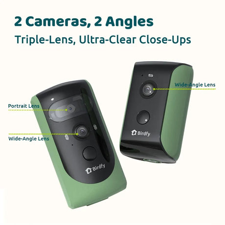 Birdfy Feeder 2 Duo - Bird Feeder with dual-camera setup, featuring wide-angle and portrait lenses, shown in a black-and-green housing, emphasizing its triple-lens capability.