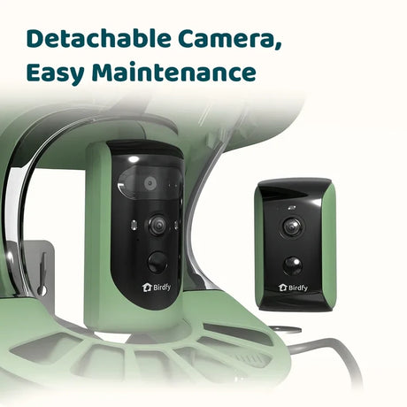 Birdfy Feeder 2 Duo - Bird Feeder with Camera, showing detachable green-and-black module, emphasizing easy maintenance and versatile triple-lens system for enhanced bird watching.