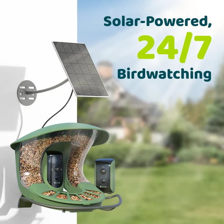 Birdfy Feeder 2 Duo - Solar-powered bird feeder with integrated camera, wall-mounted solar panel, and triple-lens for diverse birdwatching perspectives.