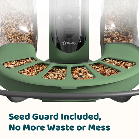 Birdfy Feeder 2 Duo - Bird Feeder with Camera, showing green seed guard tray and Birdfy logo, features camera system and AI bird species recognition.