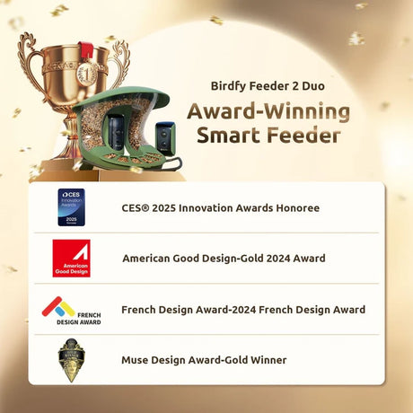 Birdfy Feeder 2 Duo - Bird Feeder with Camera, featuring triple-lens system, solar power, and AI recognition, highlighted by trophies and accolades for design excellence.