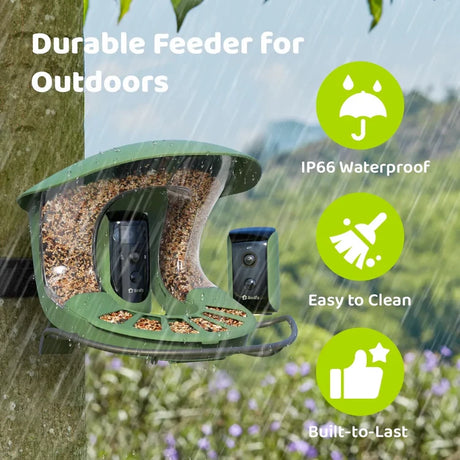 Birdfy Feeder 2 Duo - Bird Feeder with Camera features IP66 waterproofing, easy cleaning, and durability, highlighting its advanced triple-lens cameras for comprehensive bird monitoring.