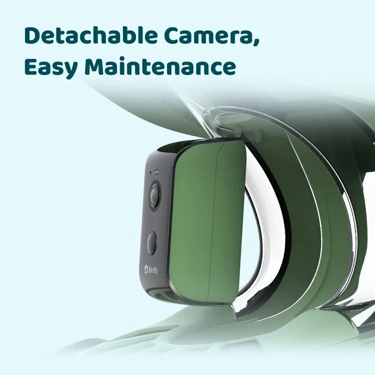 Birdfy Bird Feeder 2 Pro with Camera, shown detachable from its mount, highlighting easy maintenance for capturing bird activity with AI recognition and app integration.