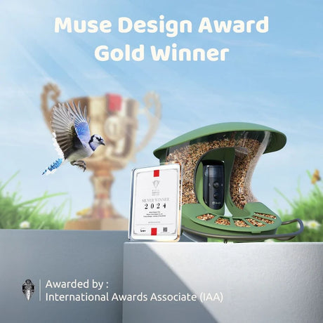 Birdfy Bird Feeder 2 Pro with Camera features a moss-green design, embedded camera, award certificate, and a blue jay feeding.