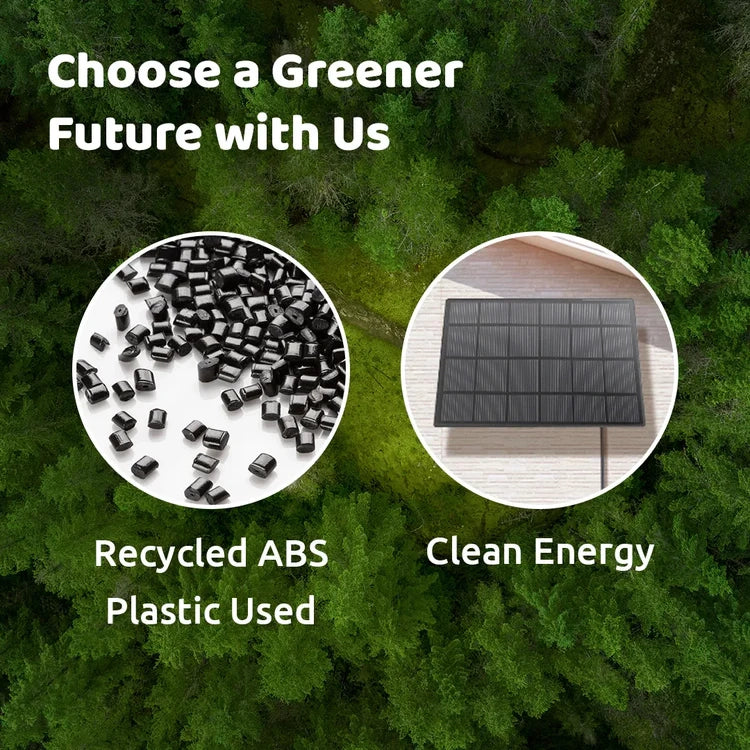 Birdfy Bird Feeder 2 Pro with Camera promotes sustainability, featuring recycled ABS plastic and solar power for birdwatching with AI species recognition.