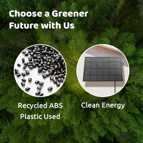 Birdfy Bird Feeder 2 Pro with Camera promotes sustainability, featuring recycled ABS plastic and solar power for birdwatching with AI species recognition.