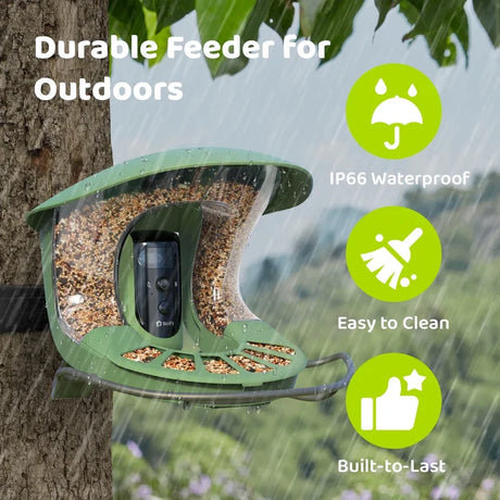 Birdfy Bird Feeder 2 Pro with Camera mounted on a tree, showcasing its durable, waterproof design and camera features for birdwatching via app notification.