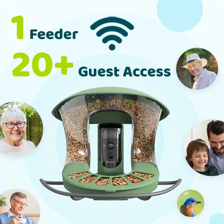 Birdfy Bird Feeder 2 Pro with Camera, featuring a transparent seed hopper, Wi-Fi camera, and cut-outs showing multiple users and a songbird for live viewing.