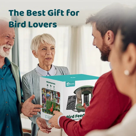 Birdfy Bird Feeder 2 Pro with Camera gift box, featuring bird images, solar panel, and a camera, exchanged among three people.