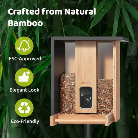 Birdfy Eco-friendly Bamboo Smart Bird Feeder with camera, FSC-approved, featuring dual seed bins, solar-powered, AI identifying over 6,000 bird species.