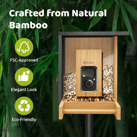 Birdfy Mini Bamboo Bird Feeder with Camera, crafted from FSC-approved bamboo, features dual seed bins, AI species identification, and eco-friendly solar energy integration.