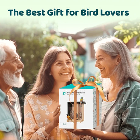 Three people enjoy outdoors; woman holds Birdfy Eco-friendly Bamboo Smart Bird Feeder kit, ideal for bird lovers, featuring bamboo and AI species identification.