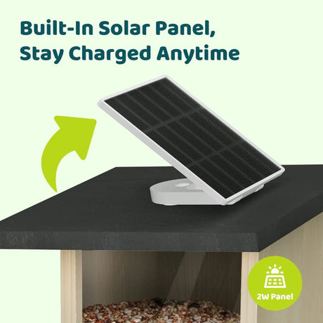 Birdfy Feeder Ebony - Wooden Smart Bird Feeder with tilt-adjustable 2W solar panel, ensuring continuous power for 1080P HD camera, made from eco-friendly pine wood.