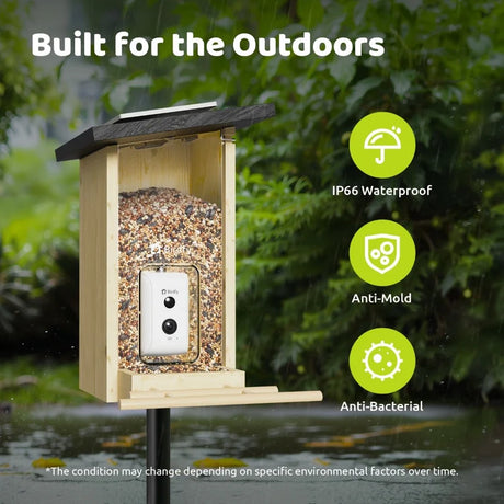 Birdfy Feeder Ebony - Wooden Smart Bird Feeder; features a camera, IP66 waterproof, anti-mold, anti-bacterial, eco-friendly pine, solar-powered.