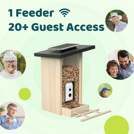 Birdfy Feeder Ebony - Wooden Smart Bird Feeder with Wi-Fi and solar-powered camera, supports 20+ viewers, crafted from eco-friendly pine, ideal for capturing bird activity.