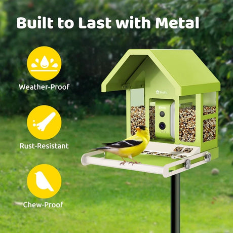 Birdfy Smart Metal Feeder with Camera mounted in yard, packed with seed, bright yellow songbird perched. Features icons: Weather-Proof, Rust-Resistant, Chew-Proof. Built to Last with Metal.