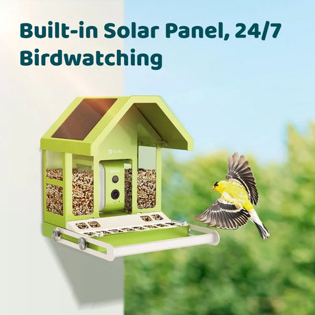 Birdfy Smart Metal Feeder with Camera, featuring solar panel, birdseed bins, fold-down tray, and AI for identifying over 6,000 bird species.